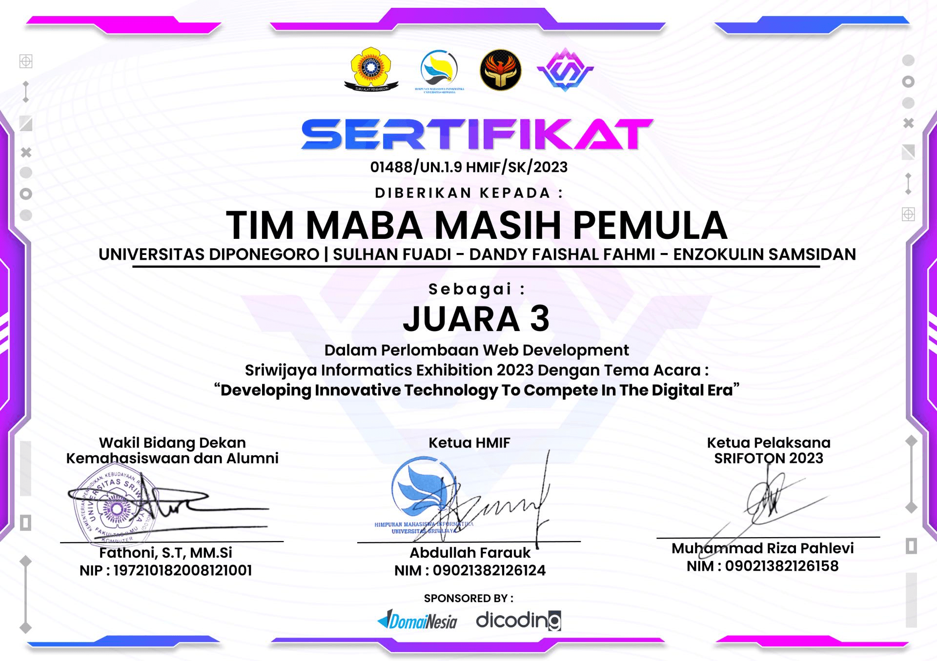 Certificate of 3rd Place National Srifoton 2023 large