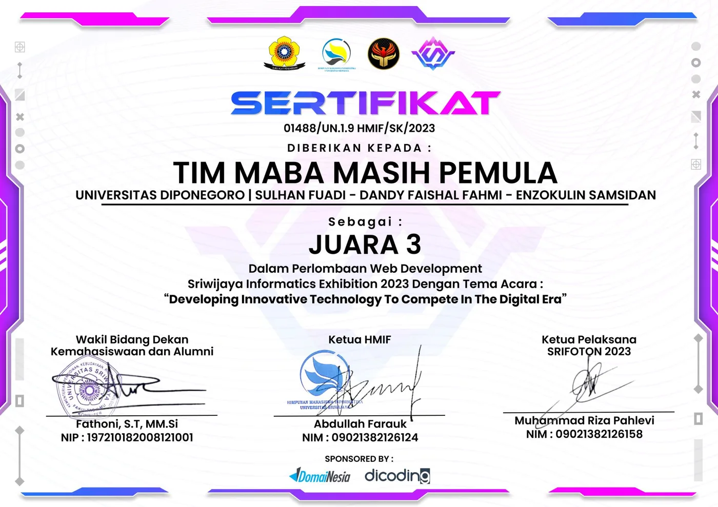 Certificate of 3rd Place National Srifoton 2023 large